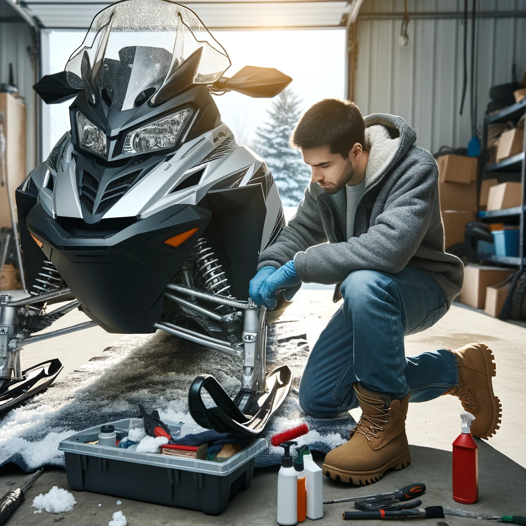 A snowmobile being prepared for winter season_ a mechanic visually inspecting and cleaning the vehicle under daylight in a garage setting. The snowmob.png A snowmobile being prepared for winter season_ a mechanic visually inspecting and cleaning the vehicle under daylight in a garage setting. The snowmob.png