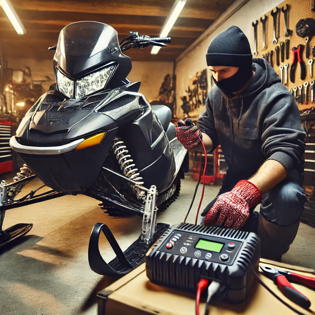 DALL·E 2024-09-11 14.24.30 - A snowmobile in a workshop with the hood open. A mechanic is testing and charging the battery, wearing gloves and winter gear. The battery is connecte.png A snowmobile in a workshop with the hood open. A mechanic is testing and charging the battery, wearing gloves and winter gear. The battery is connecte.png
